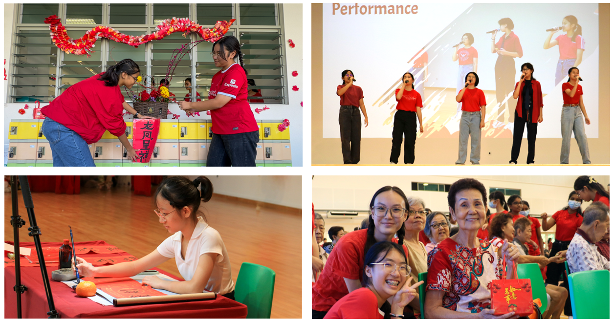 Four scenes of a Chinese New Year event showing decorating, a group singing performance, calligraphy writing, and smiling attendees.