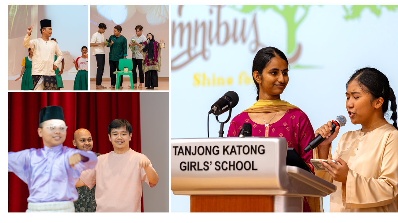 Students perform and speak at a Tanjong Katong Girls' School cultural event with traditional costumes and a podium.