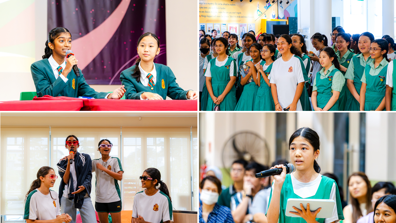 Four-panel collage of schoolgirls in green uniforms speaking into microphones and gathered at a school event.