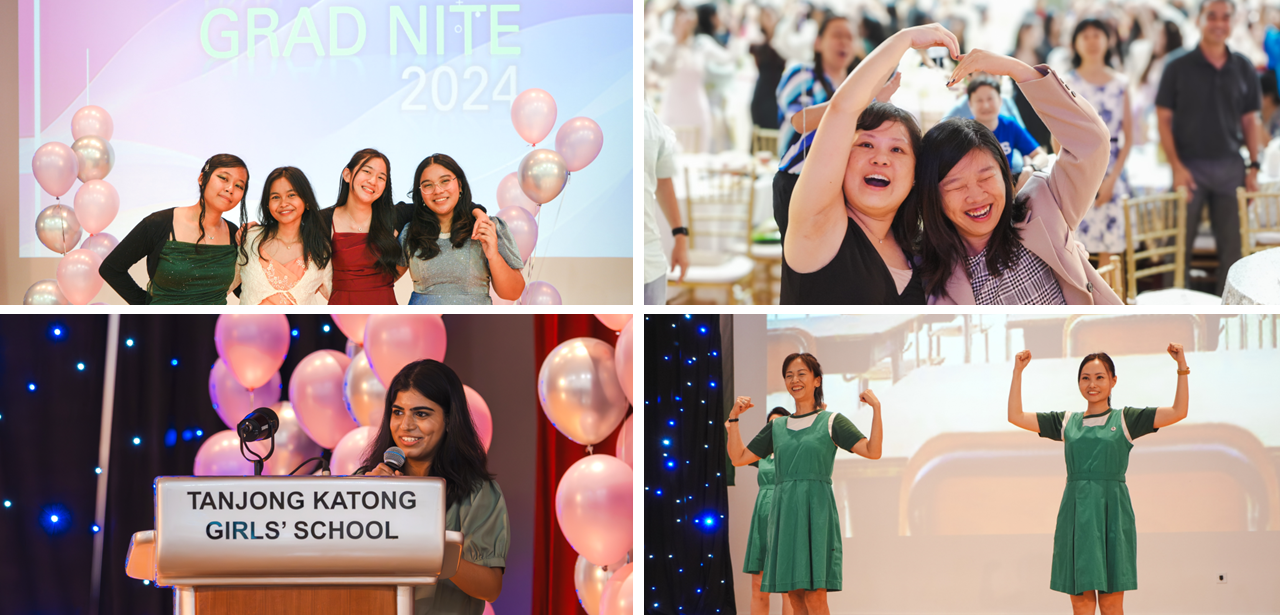 Four scenes from Tanjong Katong Girls' School Grad Nite 2024 with students posing, speaking, and celebrating.