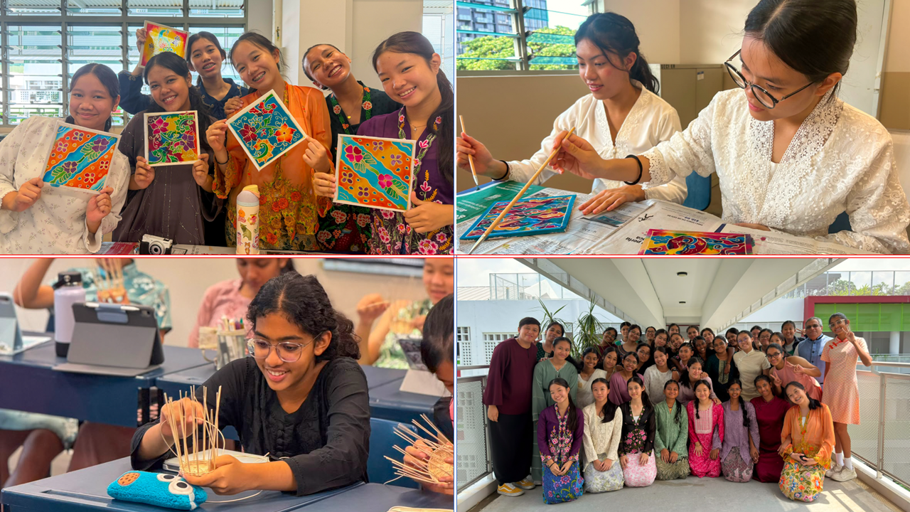 a four picture collage showing students participating planned activities such as paintings, batik making and posing with their classmates for photo.