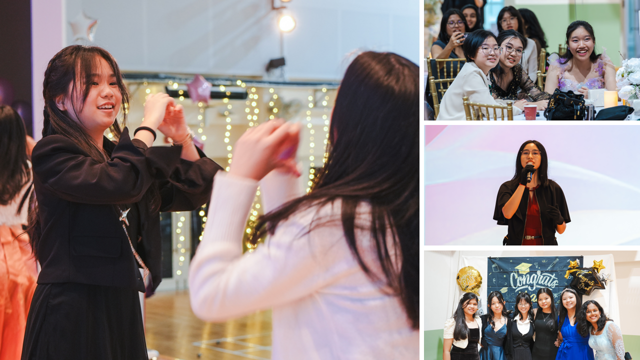 Four photos from a graduation celebration showing young women dancing, sitting at tables, speaking into a mic, and posing together.