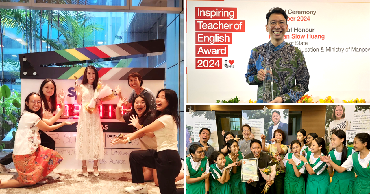Three photos from the 2024 Inspiring Teacher of English Award ceremony showing teachers and students celebrating.