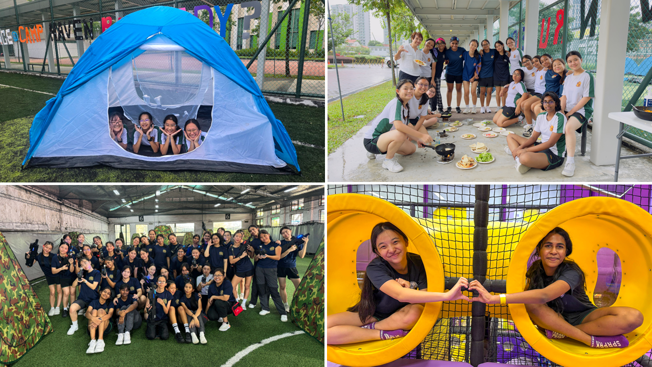Four photos of students at a school camp, showing tent activities, group meals, laser tag, and a play structure.