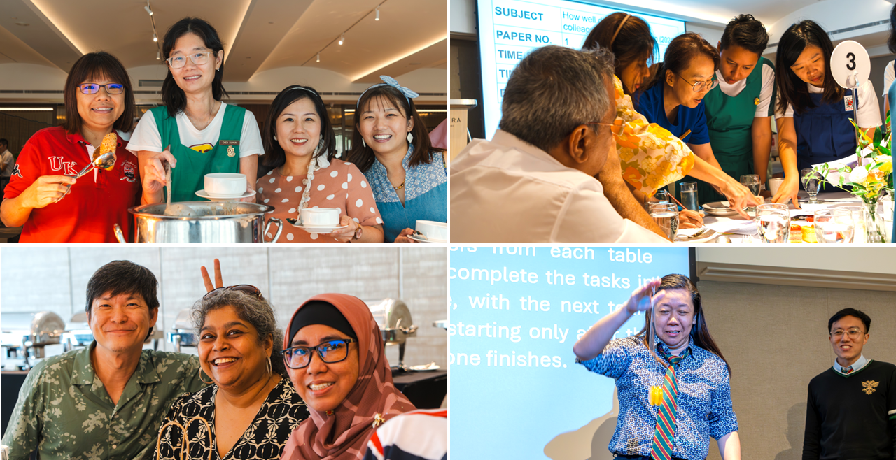 Four-panel collage of diverse groups of smiling people at what appears to be a team event or competition.