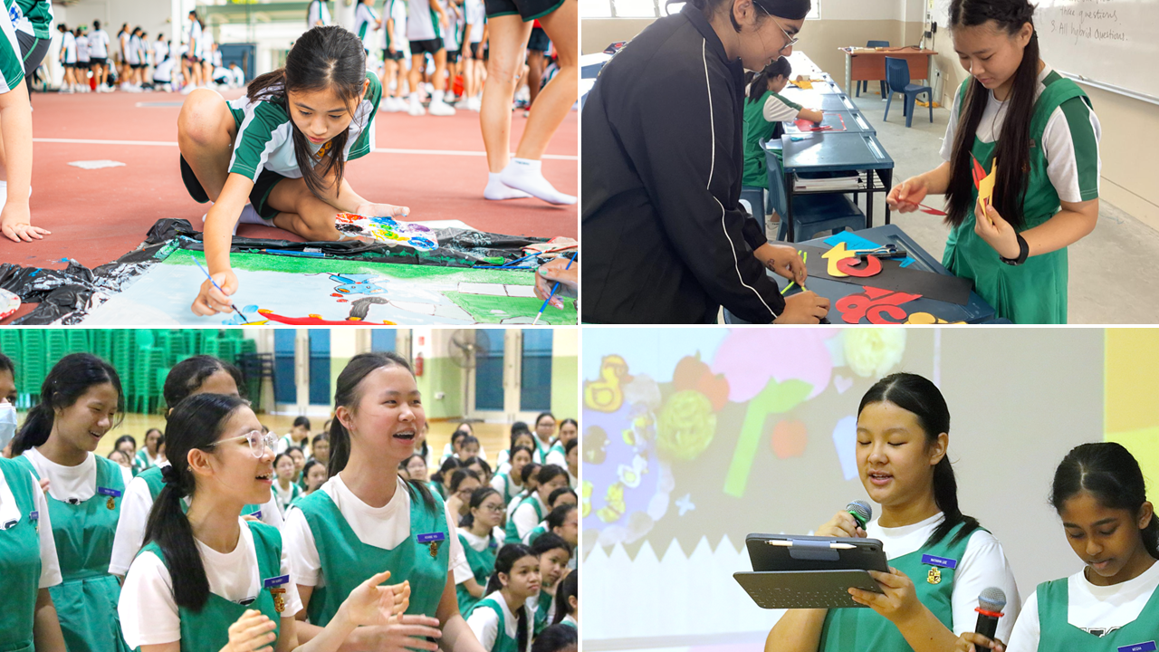 Four scenes of schoolgirls in green uniforms painting, crafting, chatting, and presenting with a microphone.