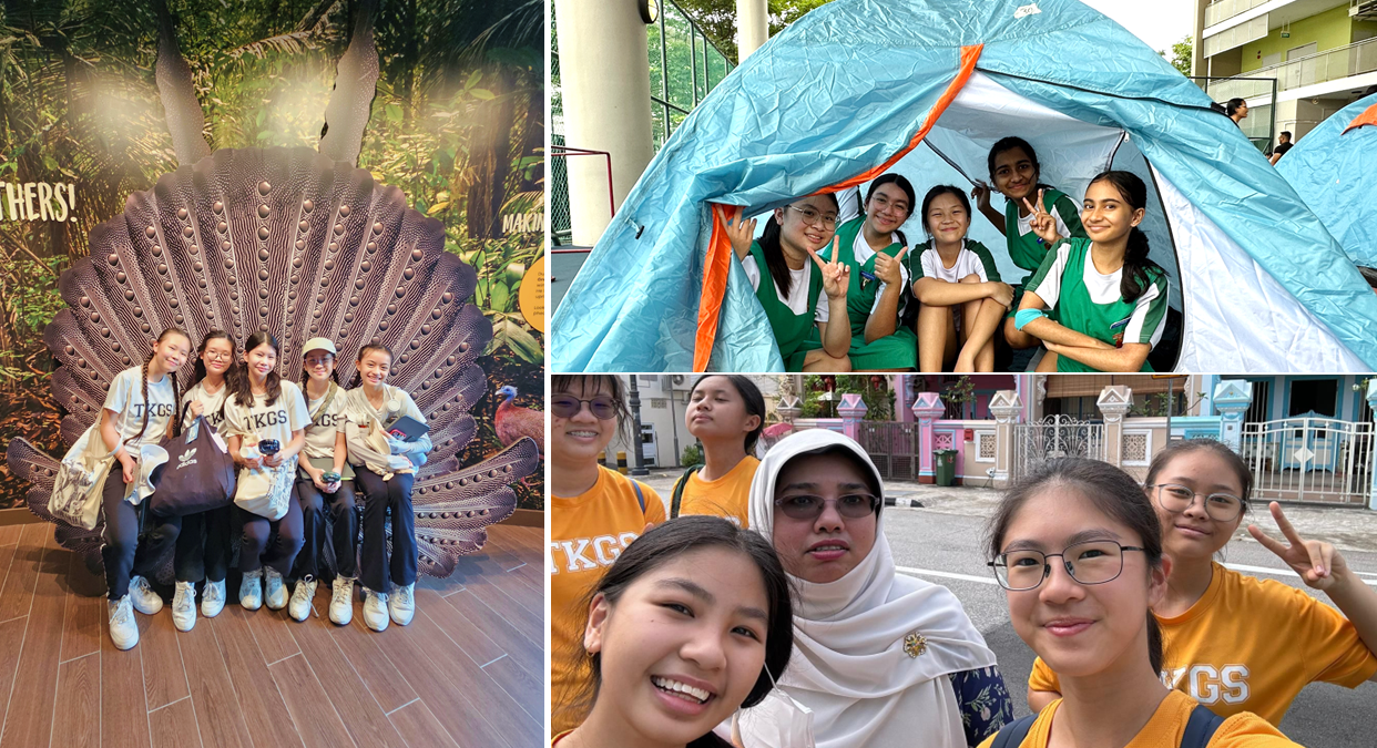 Three photos of TKGS students: posing on a decorative seat, inside a blue tent, and taking a group selfie outdoors.