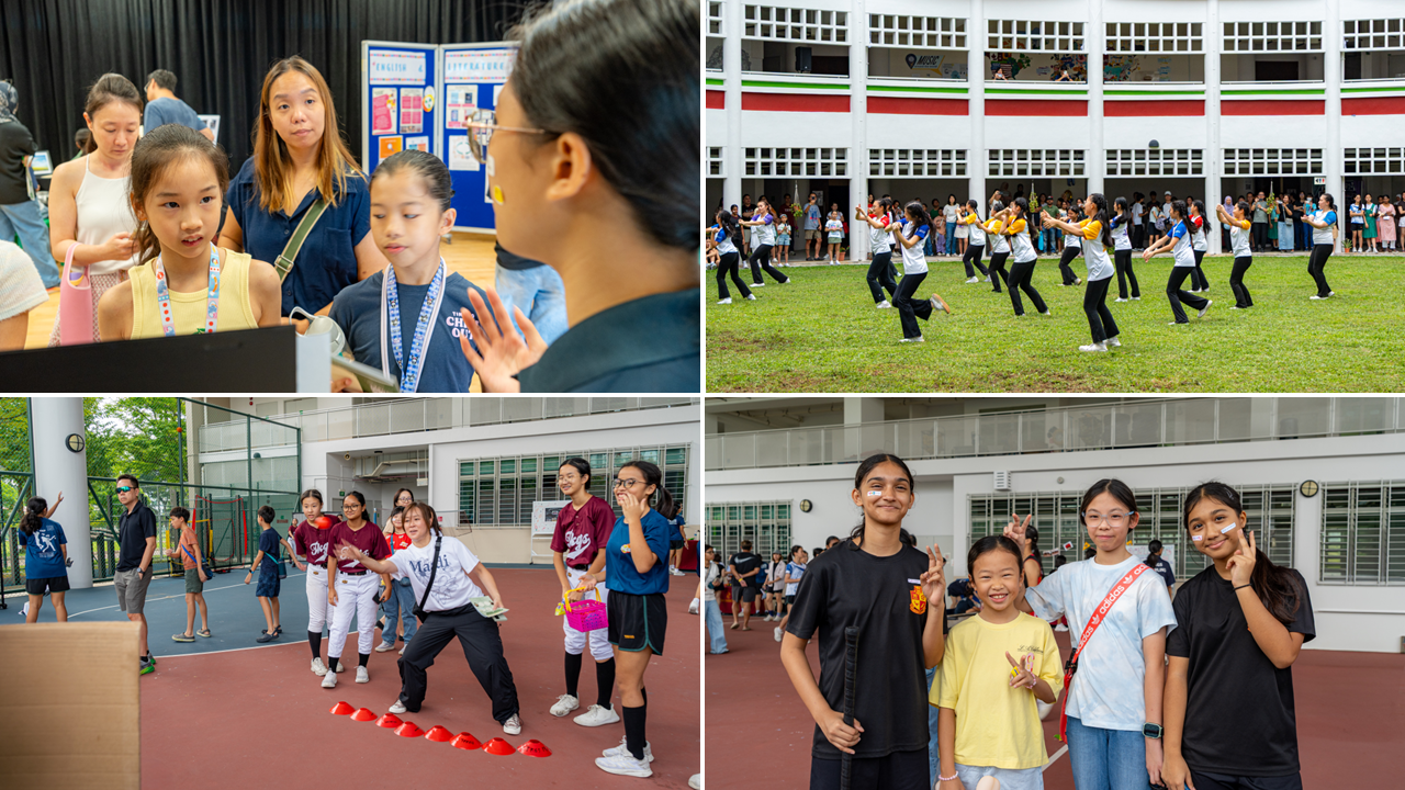 Four scenes of a school event showing students at booths, dancing outdoors, playing games, and posing together.