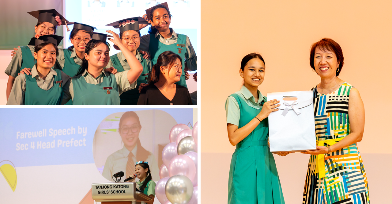 Three scenes from Tanjong Katong Girls' School: students in graduation caps, a farewell speech, and a gift presentation.