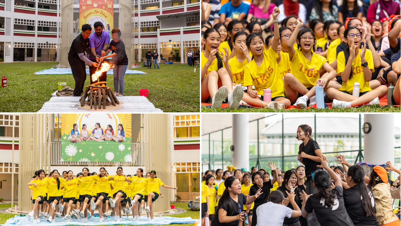 Four scenes of a school event showing students in yellow TKGS shirts lighting a bonfire, cheering, jumping, and dancing.