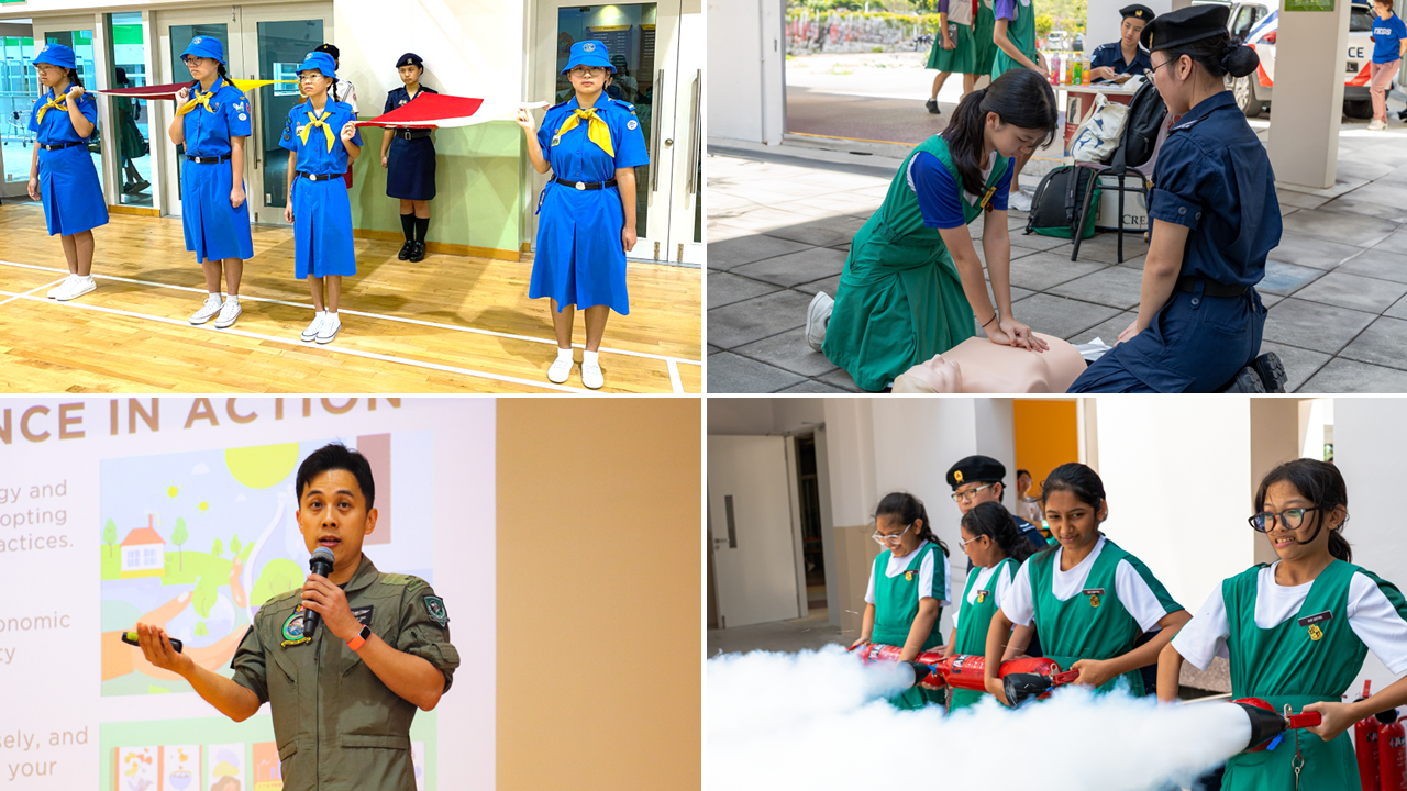 Four scenes show youth in uniforms doing flag signals, CPR practice, a talk, and fire extinguisher training.