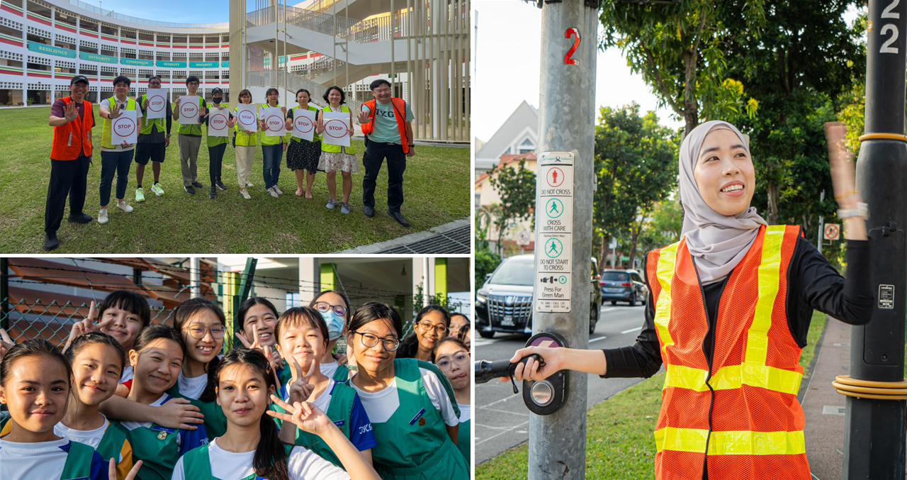 Three scenes: a group with stop signs in vests, smiling students, and a woman in a safety vest at a pedestrian crossing pole.