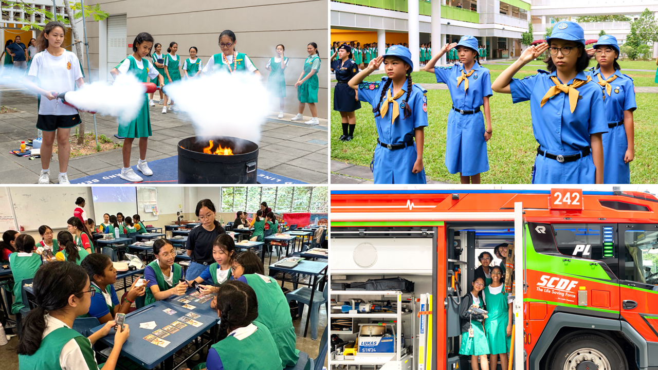 Four scenes of school girls doing fire drills, saluting in scout uniforms, classroom activities, and posing by an SCDF fire truck.