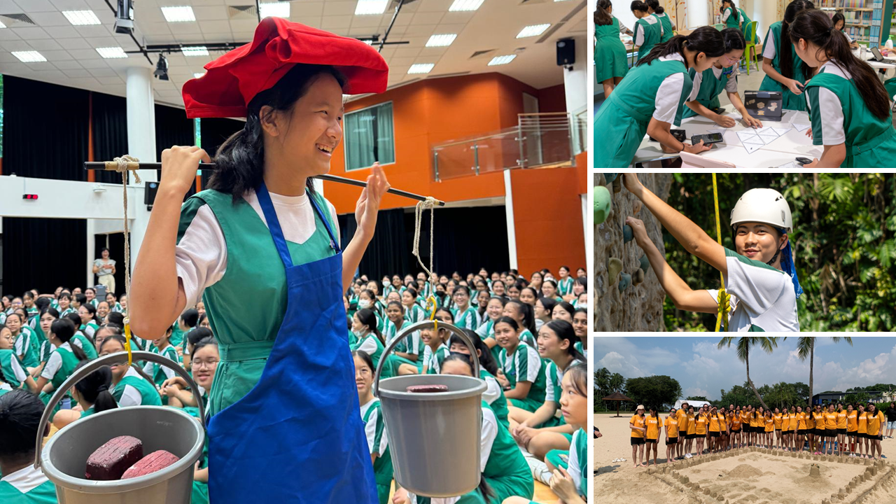 Students in green uniforms participate in various activities: a skit, group work, rock climbing, and a beach gathering.