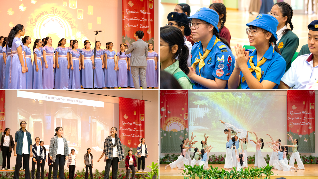 Four-panel collage of a school event: choir in purple dresses, girl scouts clapping, drama performance, and dance ensemble on stage.