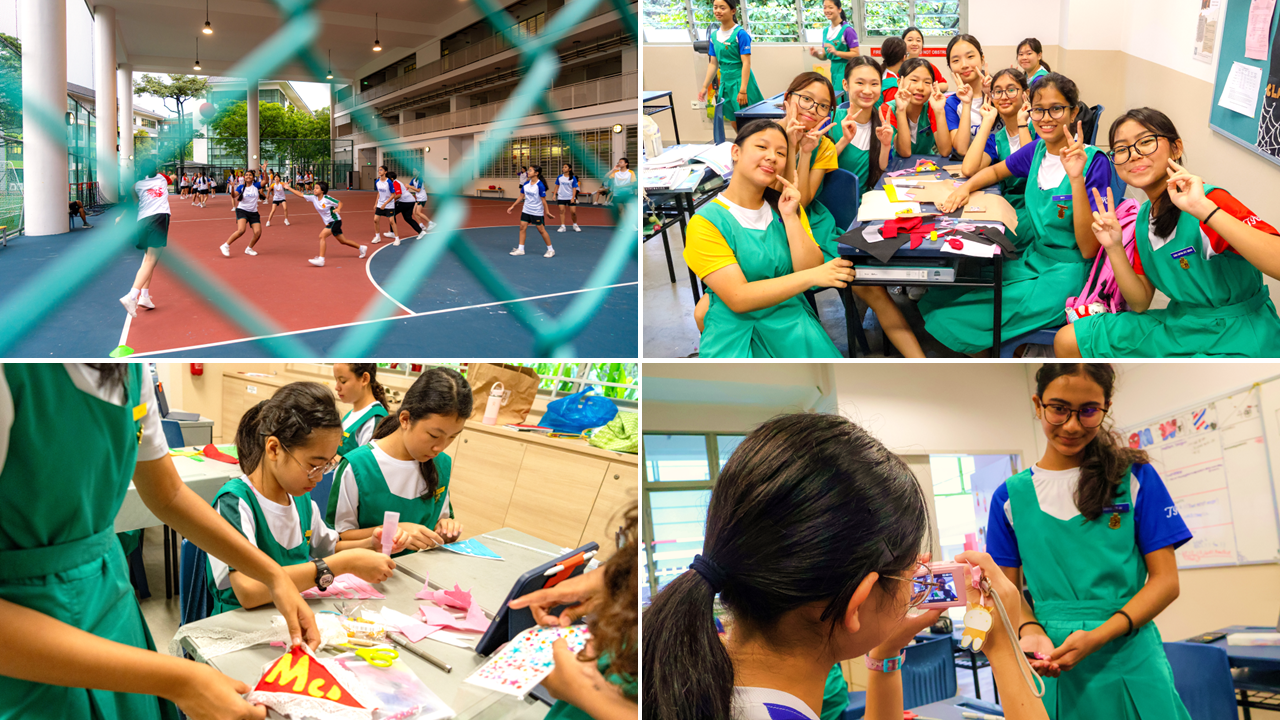 Students in green aprons do crafts indoors while others play a ball sport on an outdoor court.