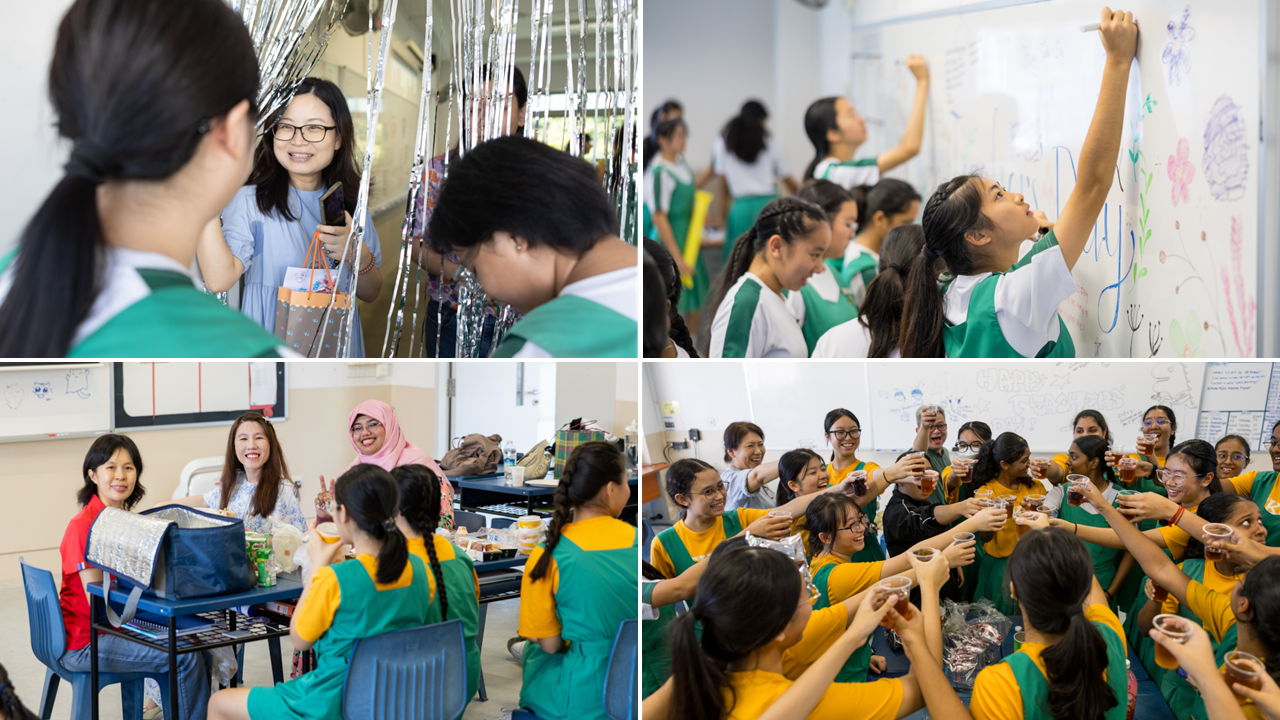 Four photos of school girls in green uniforms celebrating, drawing on a whiteboard, and toasting drinks together.