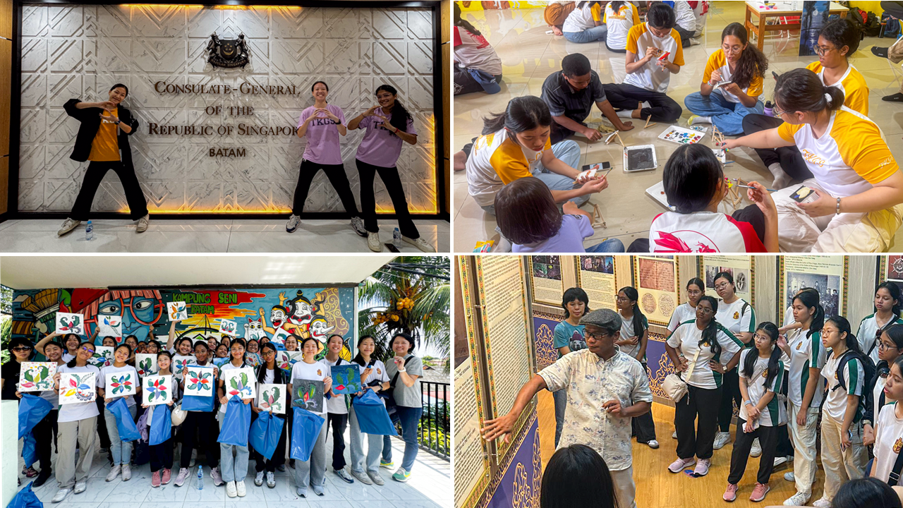 Four scenes of students at Singapore Consulate Batam, doing crafts, holding painted canvases, and attending a museum tour.