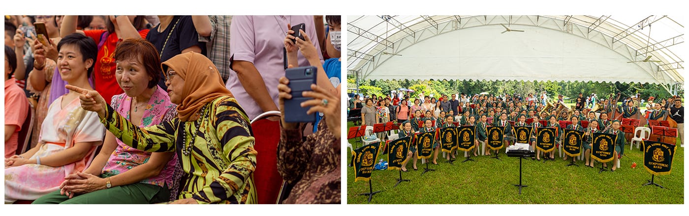 Seated audience watching an event on the left; a large school symphonic band posing outdoors under a tent on the right.