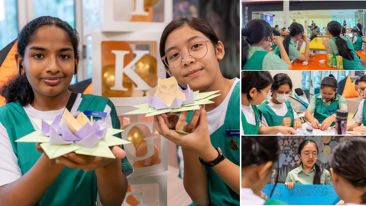 Two girls in green uniforms hold origami lotus flowers, with smaller panels showing students doing crafts and presenting a sign.