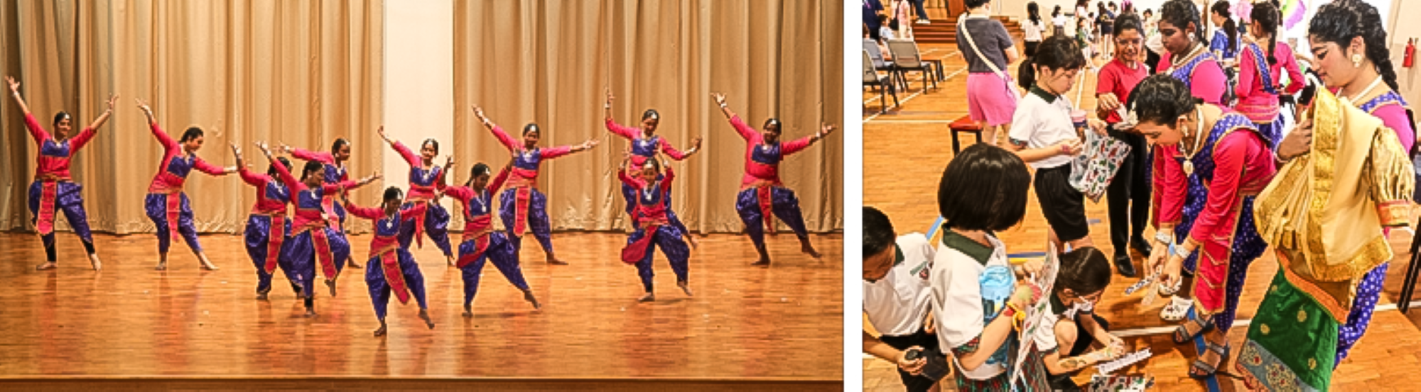 Dancers in pink and purple costumes perform on stage; right shows costumed performers interacting with children indoors.