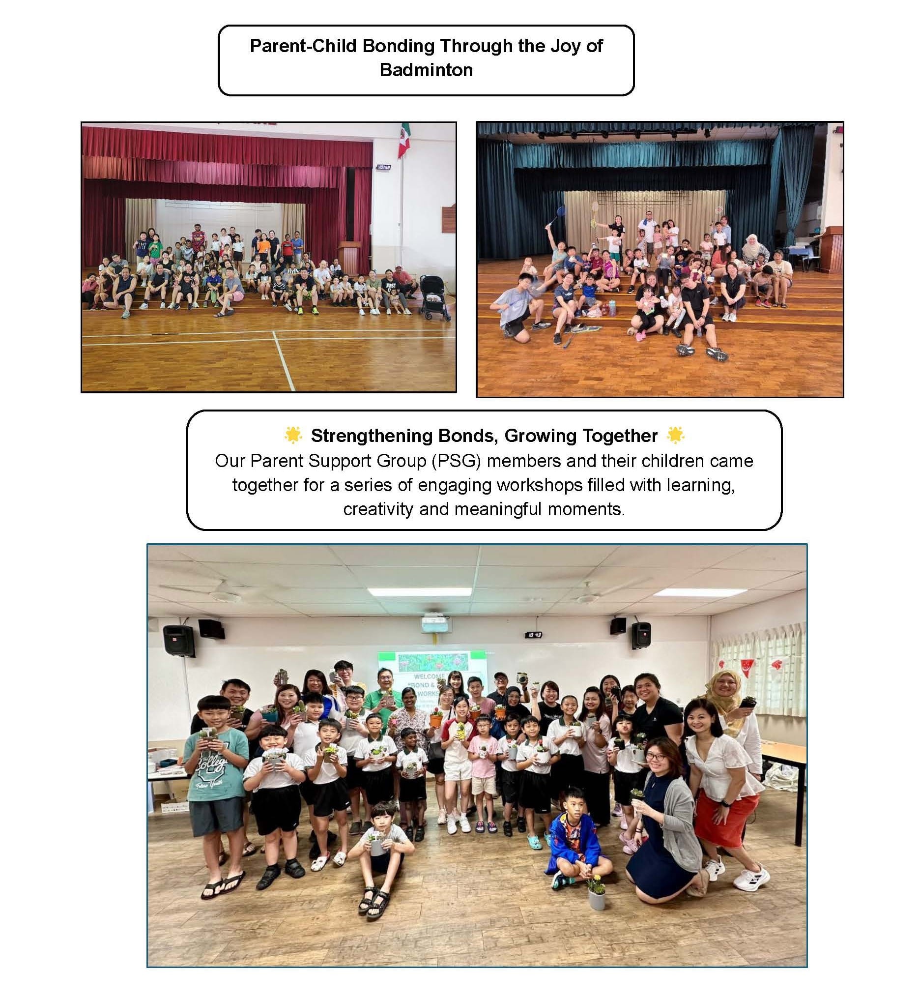 Three group photos of parents and children at badminton and bonding workshops, holding small potted plants indoors.