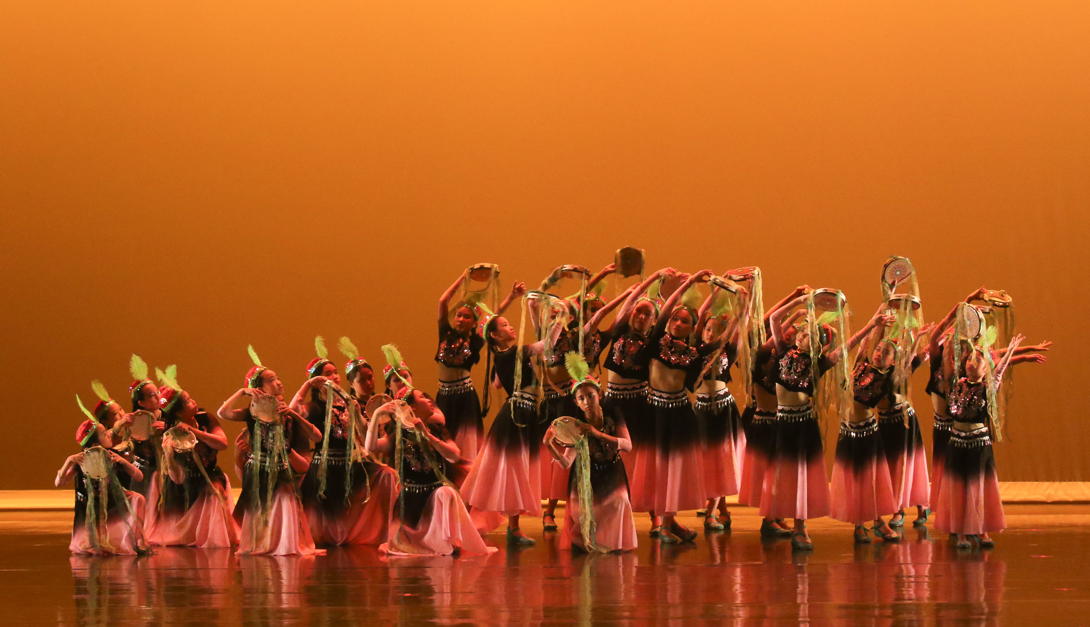 Dance group in black tops and pink skirts poses onstage, raising tambourines with long ribbons.