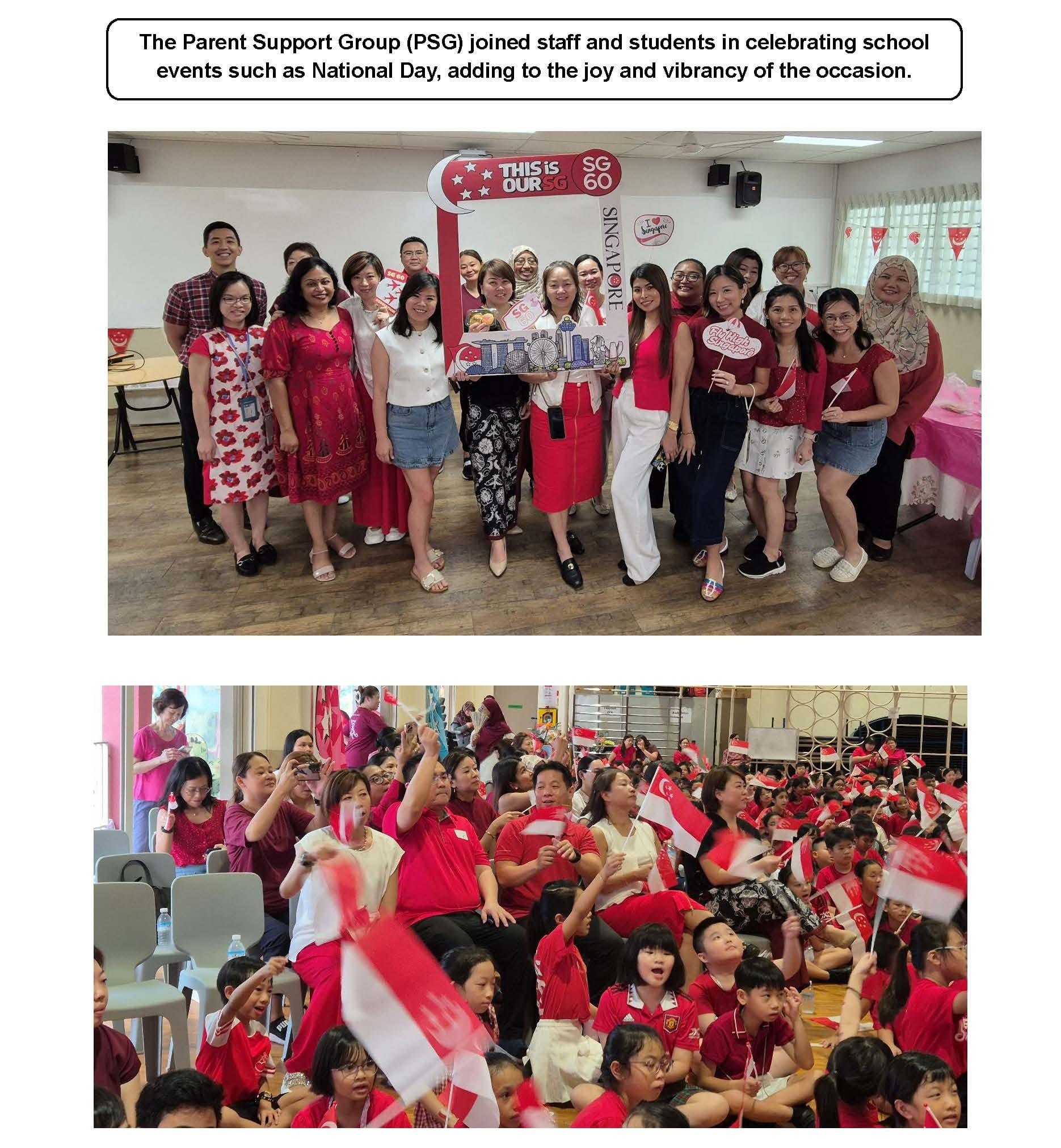 Group photo of adults in red and white beside a Singapore National Day frame, and children waving Singapore flags indoors.