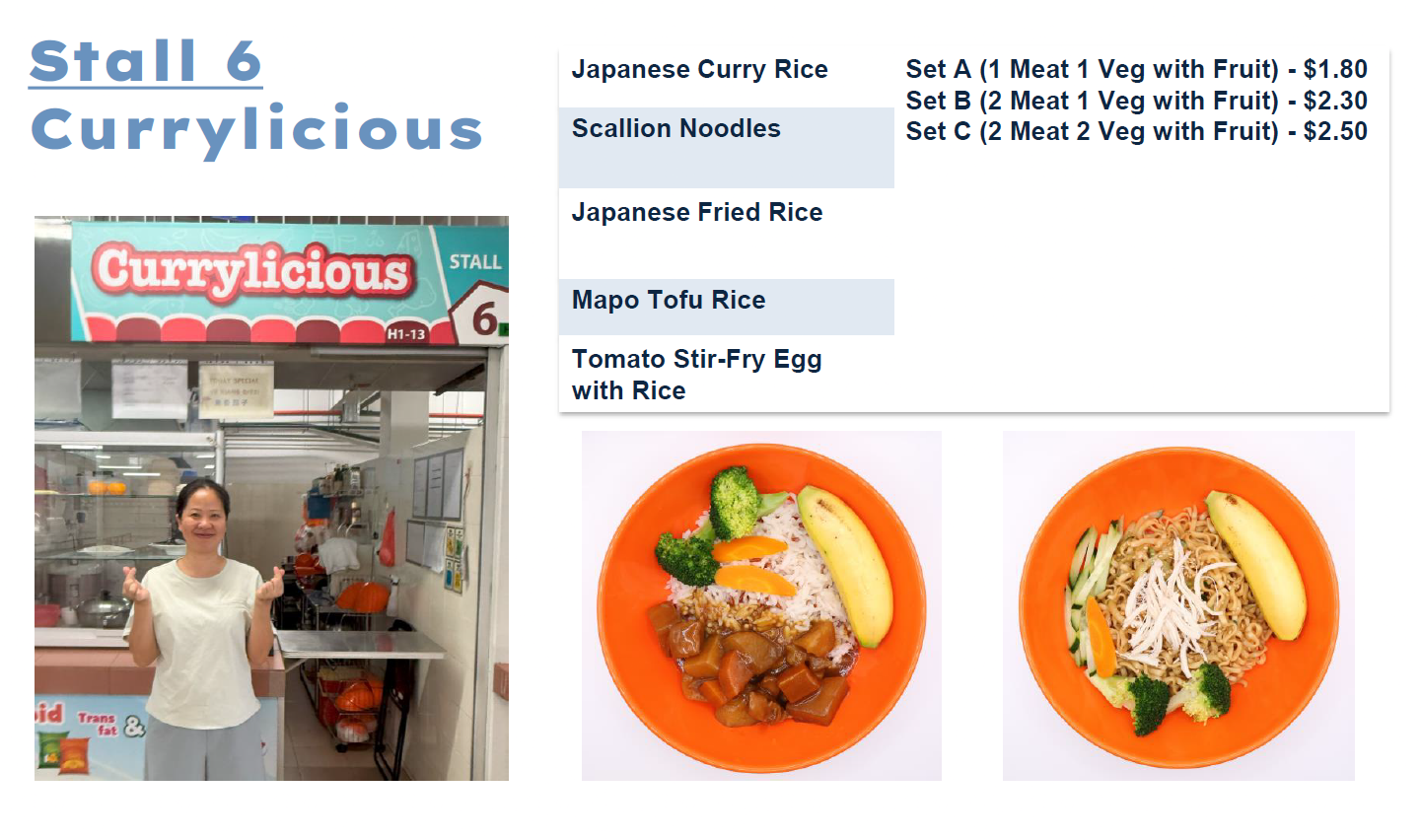 Menu for Stall 6 Currylicious showing a woman at the stall and two orange plates with rice and noodle meals.