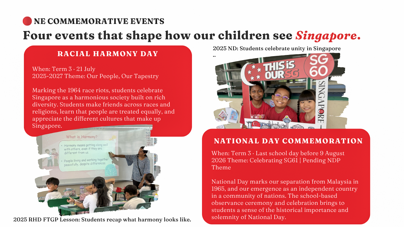 Flyer about NE Commemorative Events in Singapore, covering Racial Harmony Day and National Day Commemoration details.