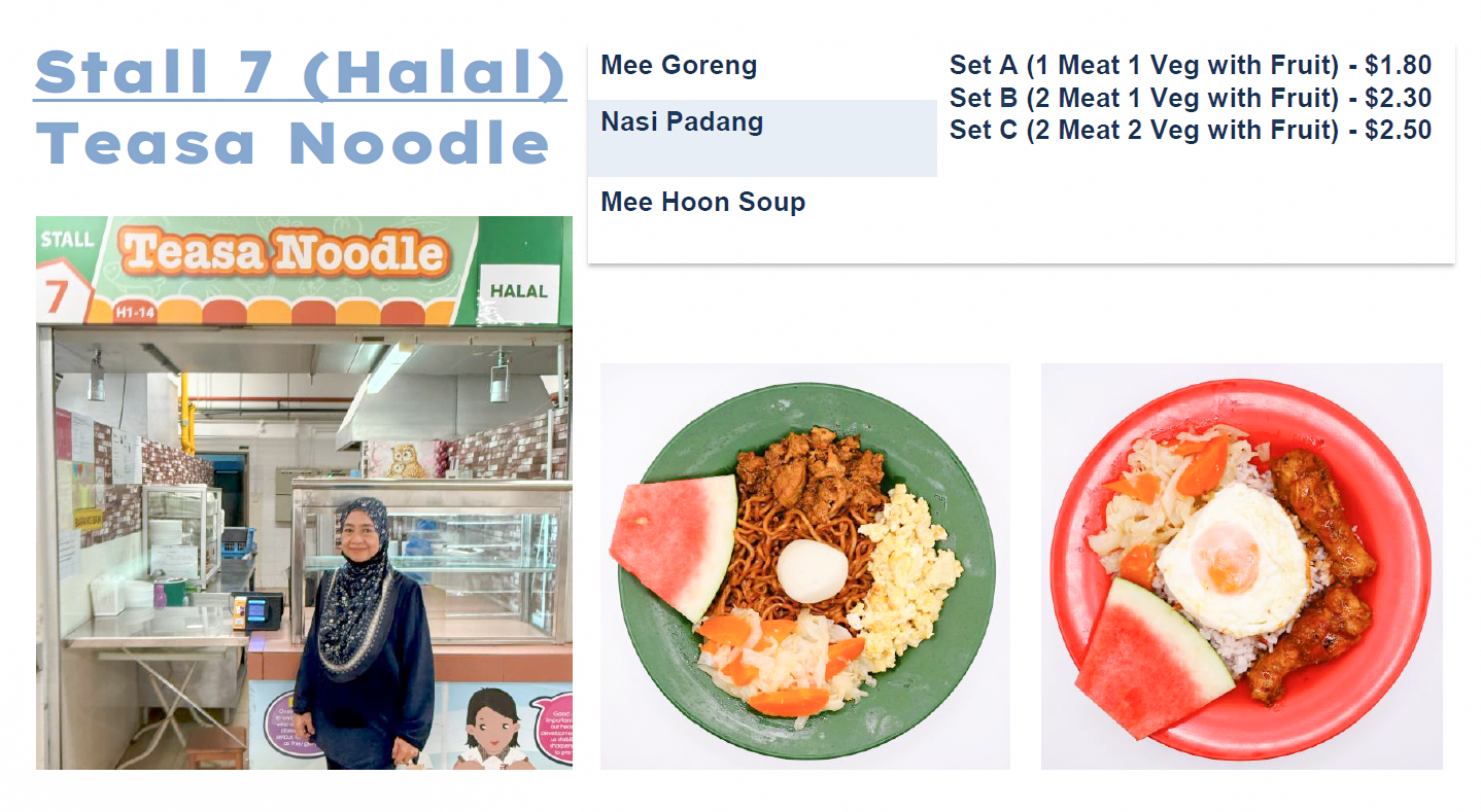 Menu for Stall 7 Halal Teasa Noodle showing a vendor, mee goreng, and nasi padang plates with egg and fruit.