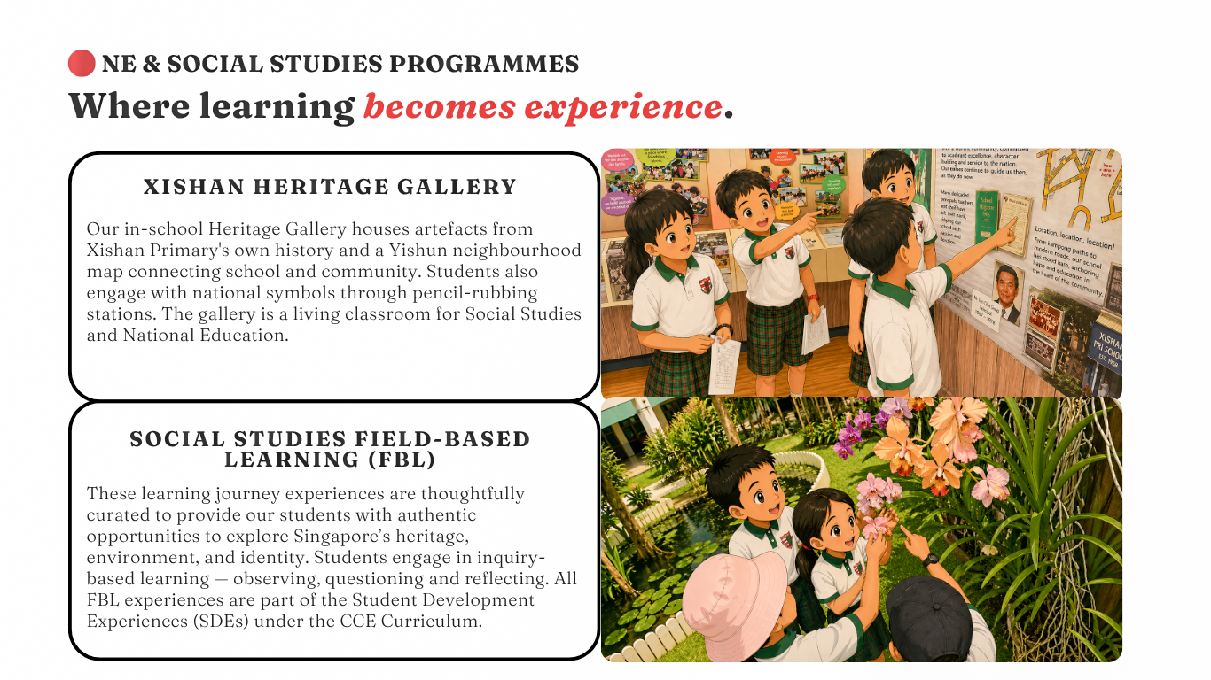 Illustrated school children in uniforms exploring a heritage gallery and examining flowers outdoors in a garden.