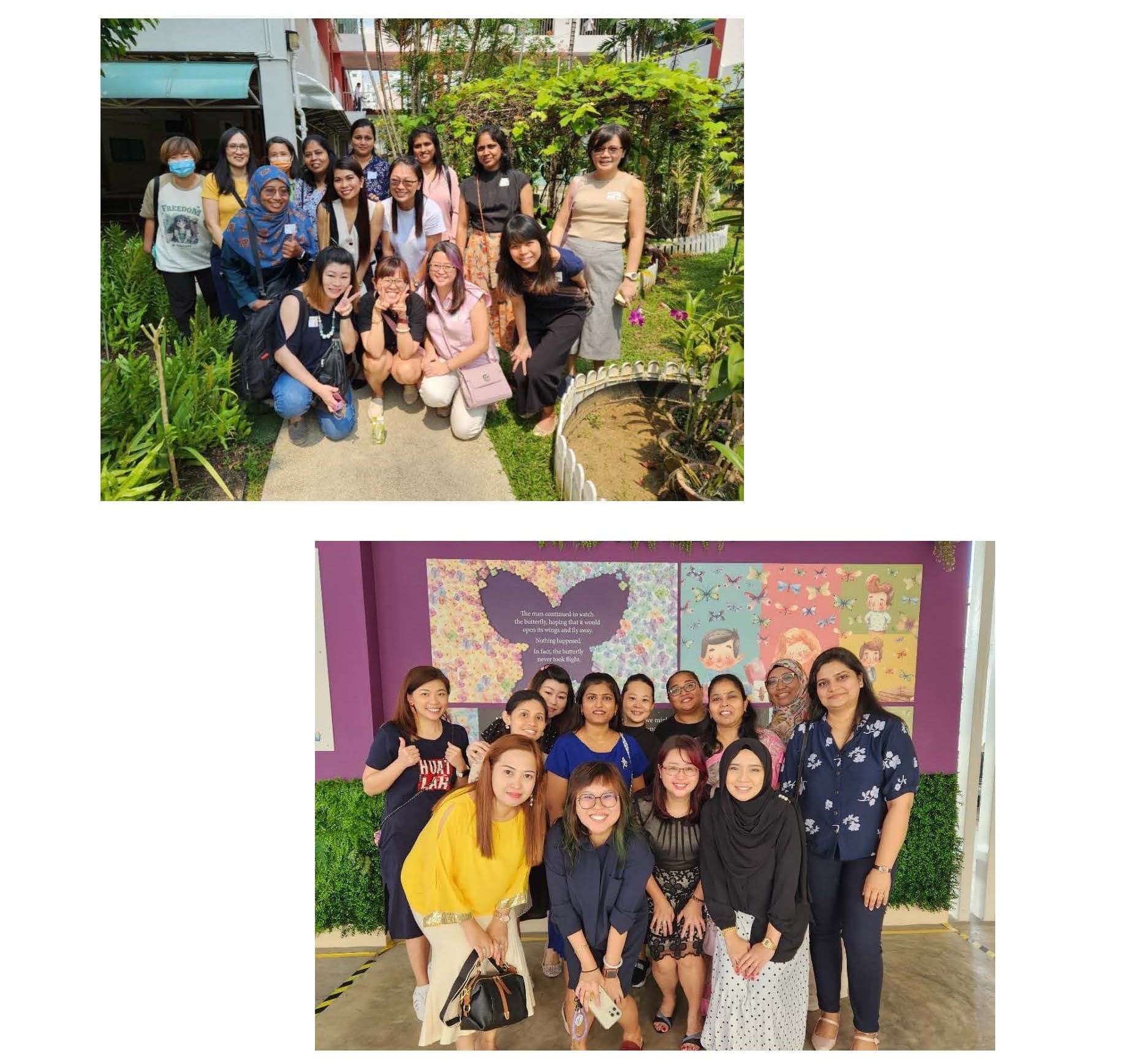 Two group photos of women posing together, one outdoors in a garden and one indoors in front of a colorful mural.