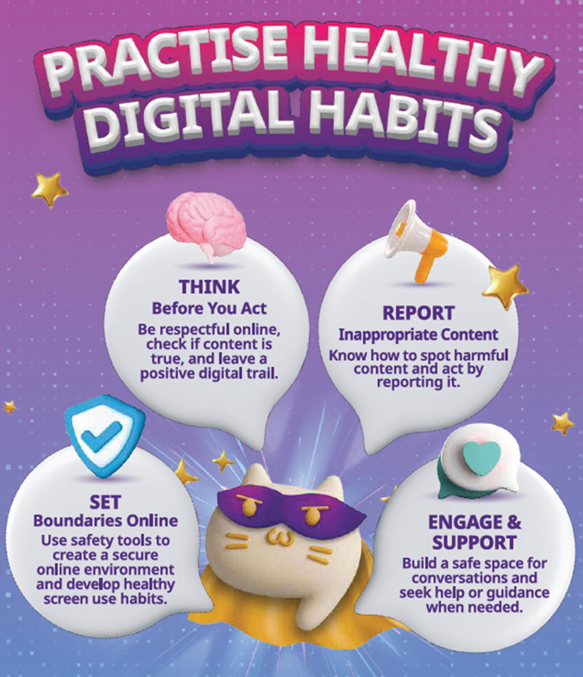 Infographic titled Practise Healthy Digital Habits with four tips: Think, Report, Set Boundaries, and Engage and Support.