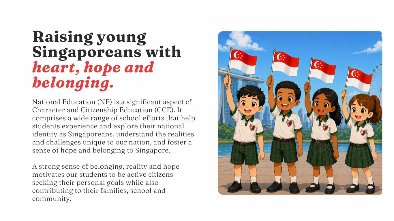 Four cartoon children in school uniforms wave Singapore flags outdoors, with a city skyline behind them.