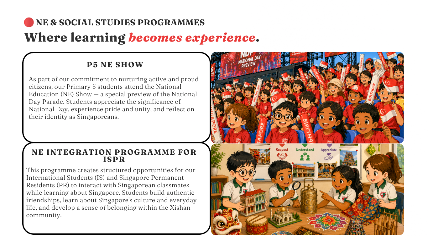 Flyer showing NE and Social Studies programmes with cartoon children at National Day and a cultural learning activity.