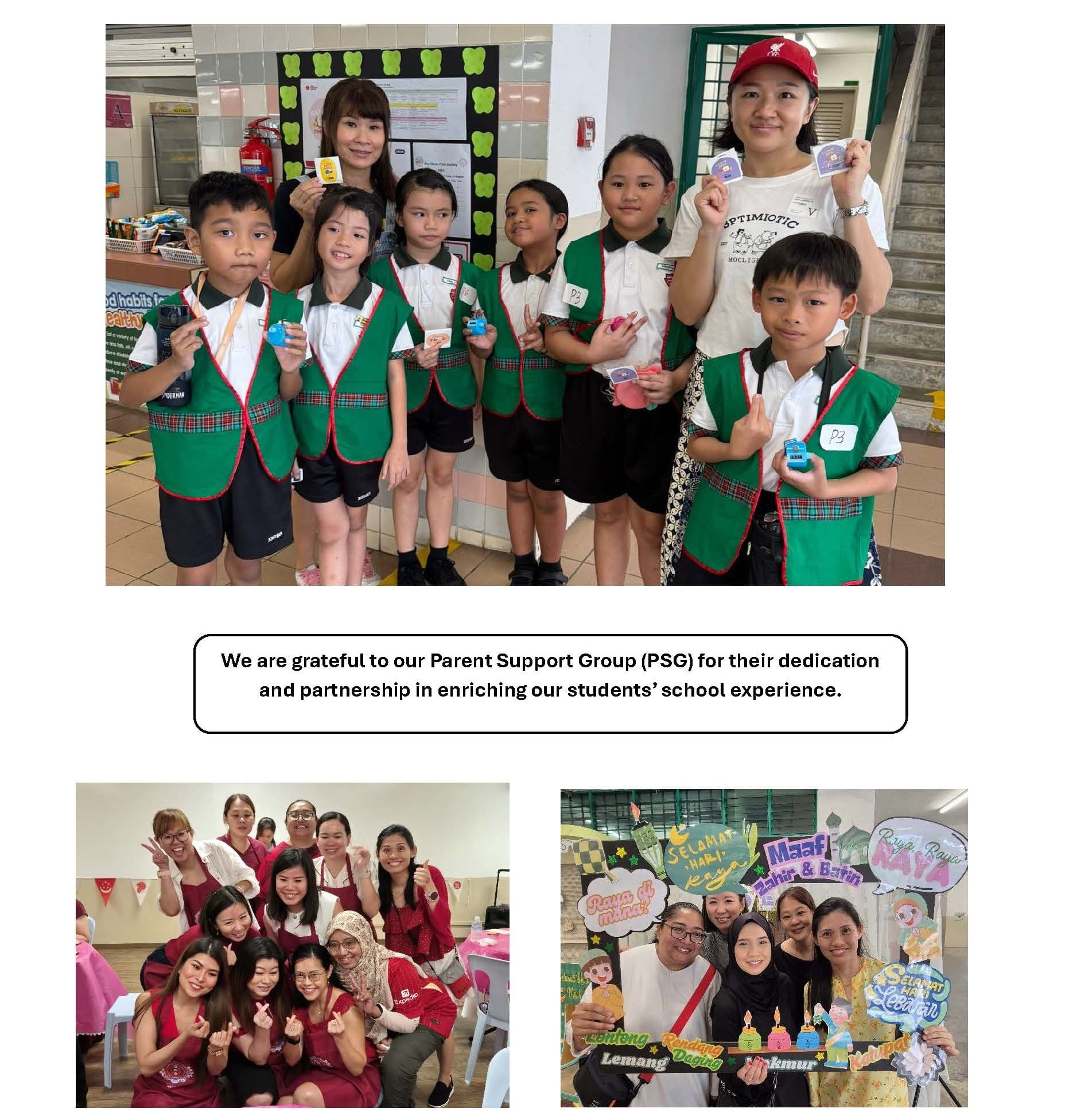 Students in green uniforms and adults hold up small cards, with two more photos of adult groups posing together below.