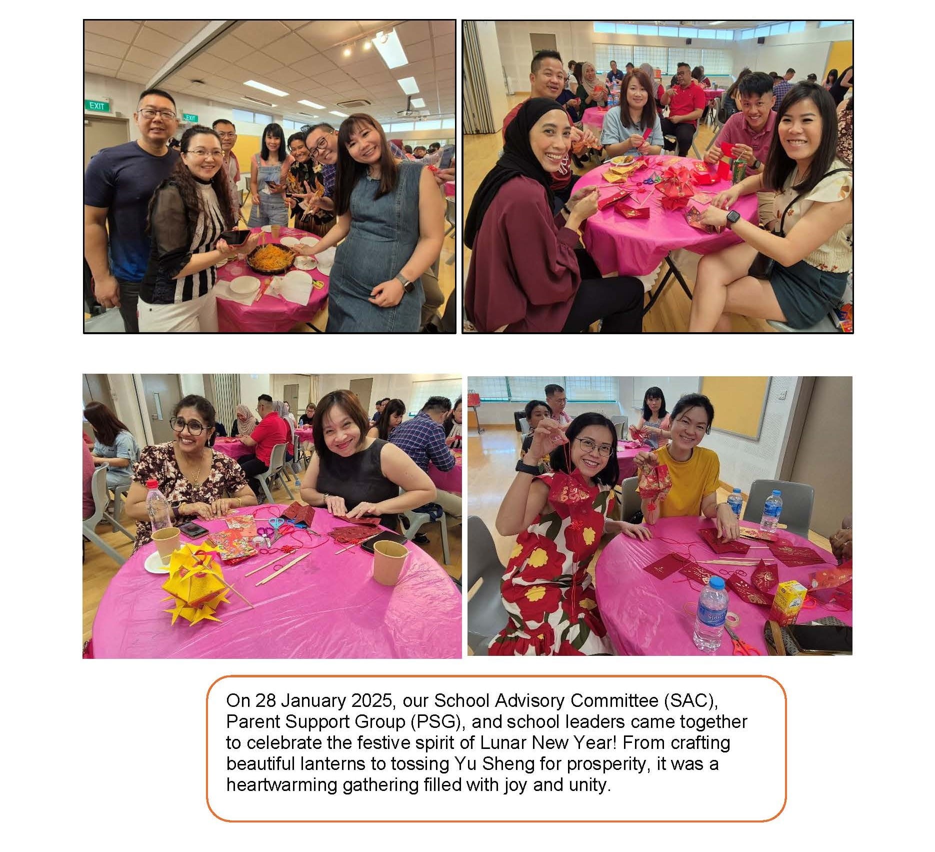 Four photos of smiling people seated at pink-covered tables during a Lunar New Year celebration with crafts and food.