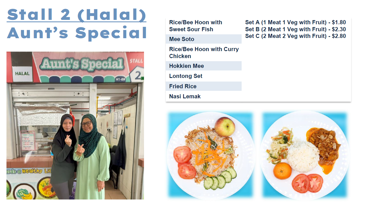 Menu for Stall 2 Halal Aunt's Special showing two women, meal options, and two plated food dishes with prices.