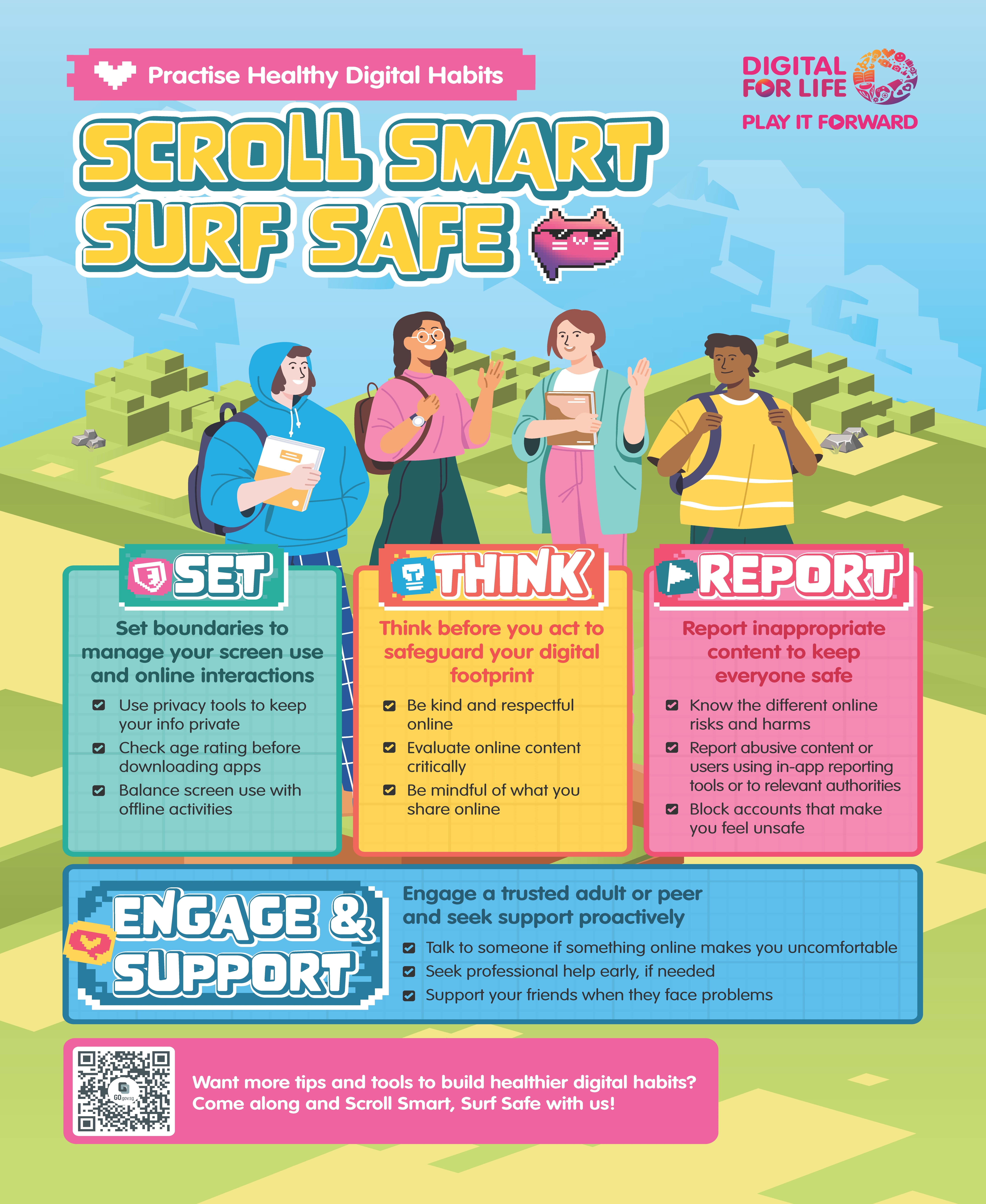 Poster reads Scroll Smart Surf Safe with four teens and tips: Set, Think, Report, Engage & Support.