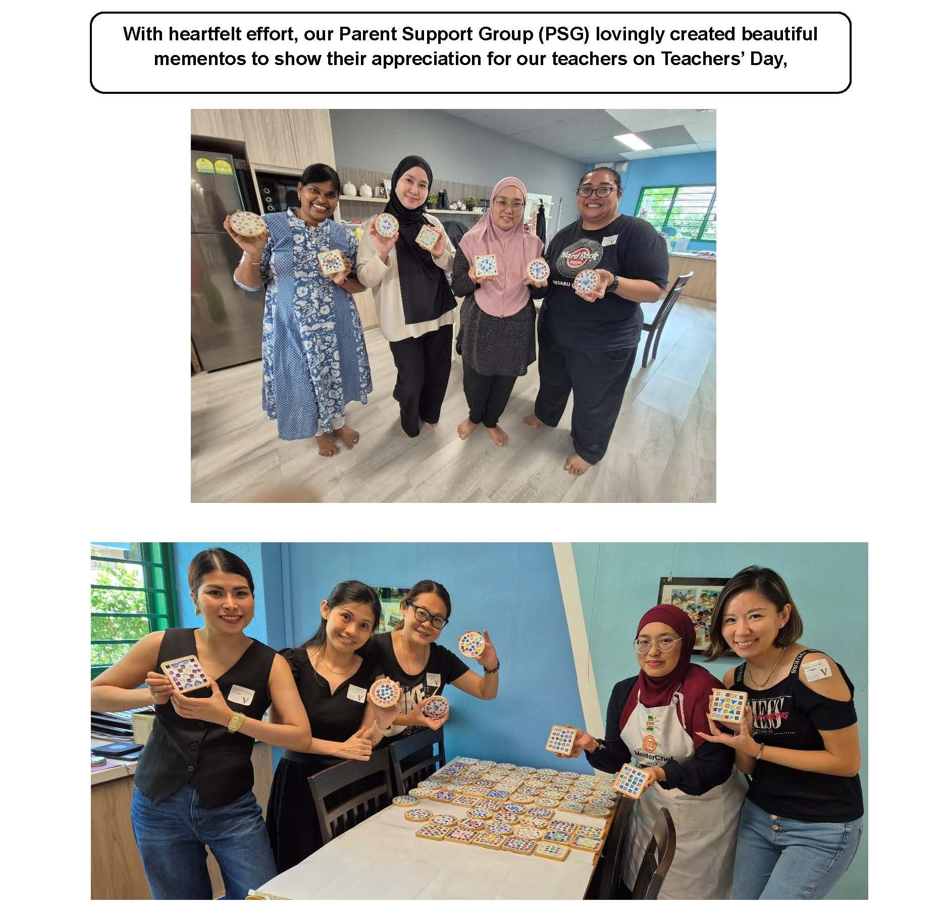 Two groups of women smiling and holding decorated cookies they made for Teachers' Day, with many cookies on a table.