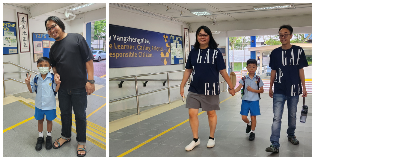 Two adults in GAP shirts walk with a young boy in school uniform at what appears to be a Singapore primary school.
