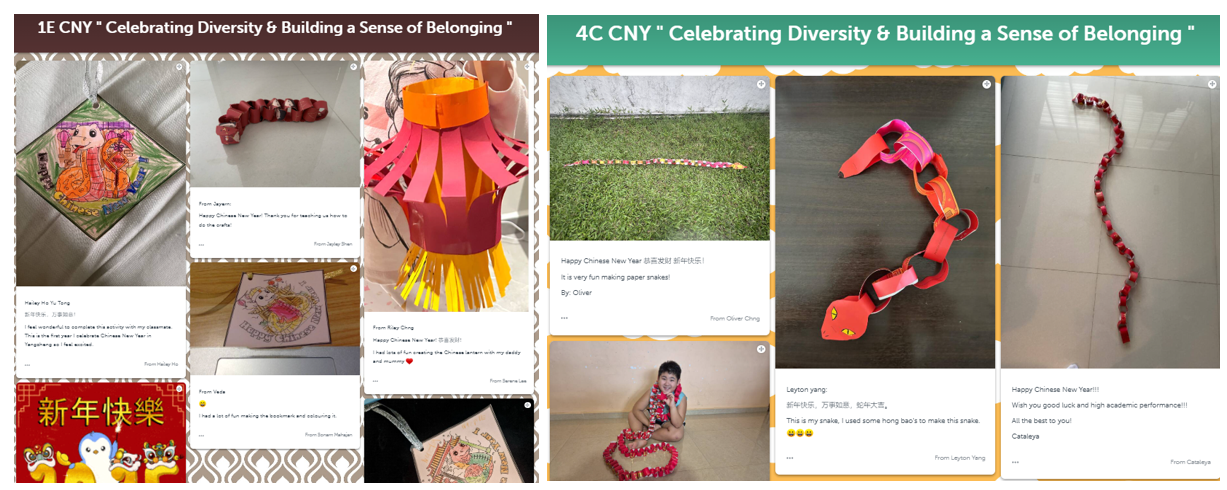 Two school class boards showing Chinese New Year crafts including paper snakes, lanterns, and student notes celebrating diversity.