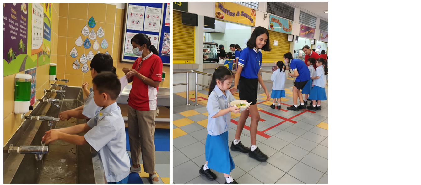 Two school scenes: children washing hands at sinks with an adult, and students carrying food trays in a school canteen.