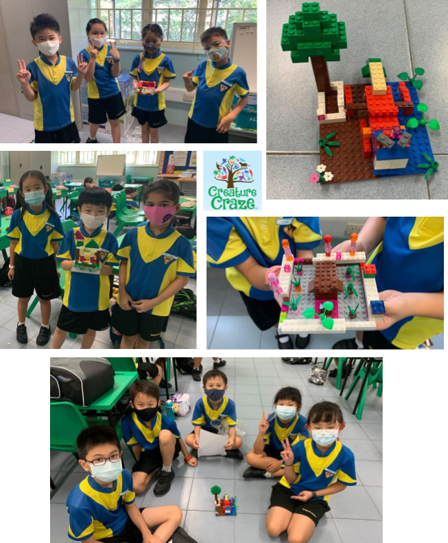 Children in blue and yellow uniforms wearing masks pose with colorful LEGO builds during a Creature Craze activity.
