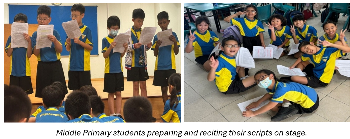Primary school students in blue and yellow uniforms reading and posing with scripts during a classroom activity.