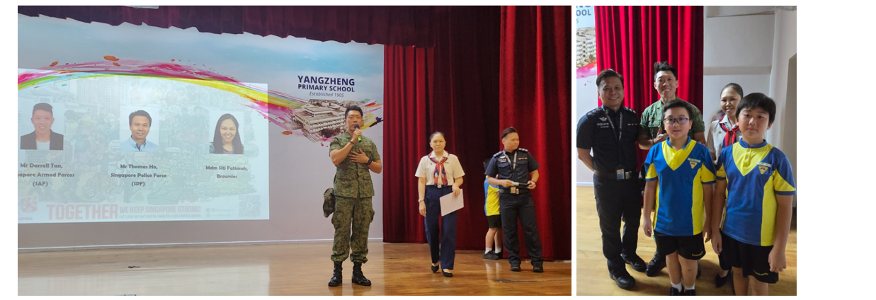 A soldier speaks at a Yangzheng Primary School event; right photo shows officers posing with two students in blue uniforms.