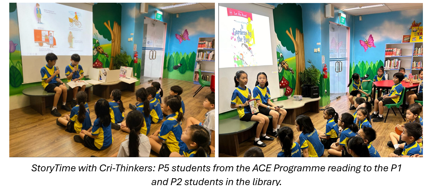 Two photos of students in blue and yellow uniforms reading aloud to younger pupils seated on the floor in a colorful library.