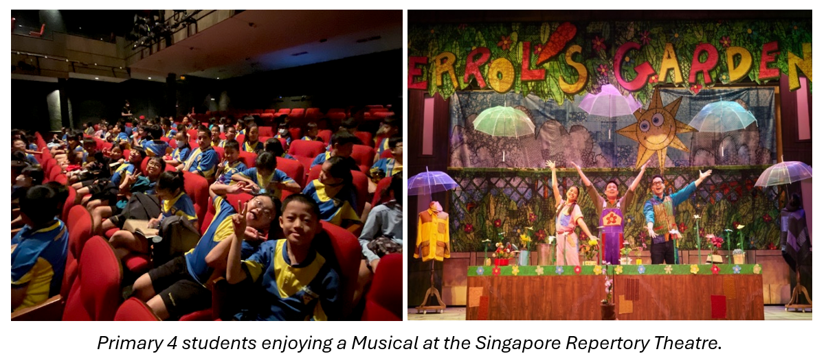 Students in blue uniforms seated in a theater, and three performers on a colorful Errol's Garden stage.
