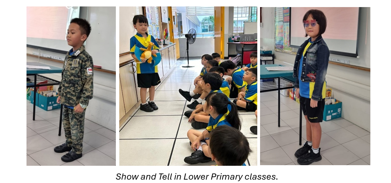 Three young students presenting during Show and Tell in a primary school classroom.